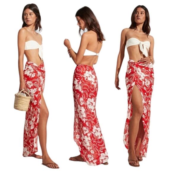 Lulu Linen Flax Camara Tropical Floral Print Maxi Faux Wrap Sarong Sz L NWT - Picture 2 of 15